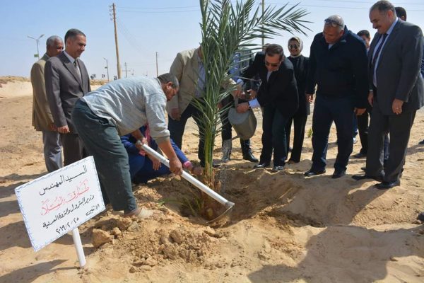 ضمن مبادرة الرئيس السيسى .. الملا يغرس اول نخلة بالوادى الجديد والاطفال يرفعون صورة احتفالا بزيارة مسئولى الوزارة