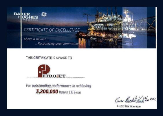 بتروجت تحقق 3,2 مليون ساعة عمل أمنة في مشروع ZOHR l G.E وبيكرز هيوز تمنحها شهادة تقدير