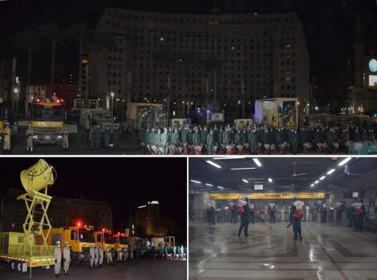 القوات المسلحة تعقم مجمع التحرير والشوارع والميادين الرئيسية