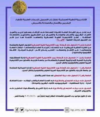 الأكاديمية الطبية العسكرية تفتح باب التسجيل لعدة درجات علمية