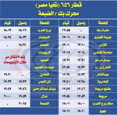 السكة الحديد :إيقاف حركة القطارات بين محطتي (الحمام و العلمين) بخط القبارى/ مرسى مطروح بصفه مؤقته لتنفيذ أعمال إنشاء برابخ السيول أسفل السكة ضمن مشروع الخط الأول من شبكة القطار الكهربائى السريع