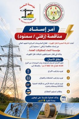 نقل الكهرباء تسند لمؤسسة النماء مناقصة الخط الهوائى (زفتي / سمنود)