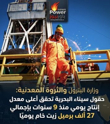 وزارة البترول والثروة المعدنية: حقول سيناء البحرية تحقق أعلى معدل إنتاج يومي منذ 9 سنوات بإجمالي 27 ألف برميل زيت خام يوميًا