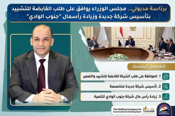 برئاسة مدبولي.. مجلس الوزراء يوافق على طلب القابضة للتشييد بتأسيس شركة جديدة وزيادة رأسمال 