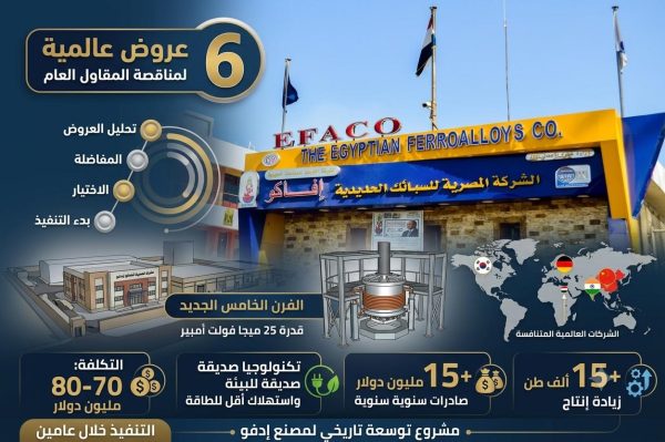 المصرية للسبائك الحديدية تفاضل بين 6 عروض عالمية لمناقصة المقاول العام لإنشاء الفرن الخامس