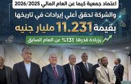 عاجل .. اعتماد جمعية كيما عن العام المالي 2026/2025 والشركة تحقق أعلي إيرادات في تاريخها بقيمة 11.231 مليار جنيه بزيادة قدرها 131% عن العام السابق