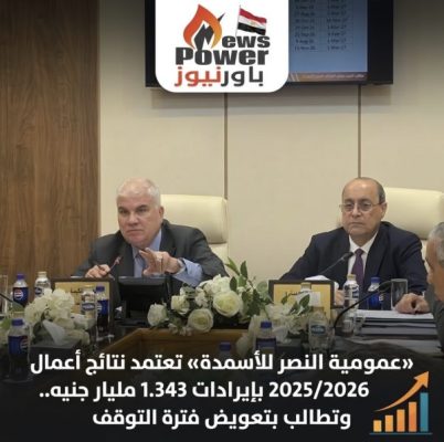 «عمومية النصر للأسمدة» تعتمد نتائج أعمال 2025/2026 بإيرادات 1.343 مليار جنيه.. وتطالب بتعويض فترة التوقف